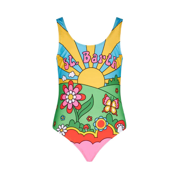 Girl One Piece Swimsuit With Multicolor Landscape Print
