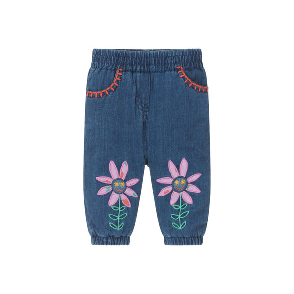 Girls Blue Embroidered Chambray Trousers