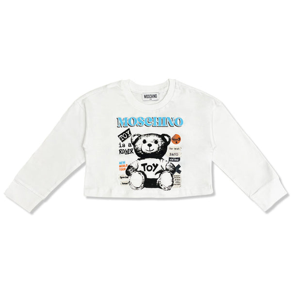 Girls White Teddy Bear-Print Crop T-Shirt