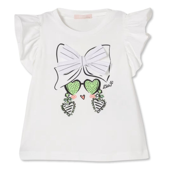 Girls White Bow & Sunglasses Graphic-Print T-Shirt