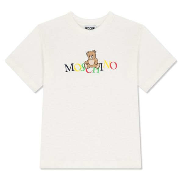 Unisex White Teddy Bear Logo-Print T-shirt