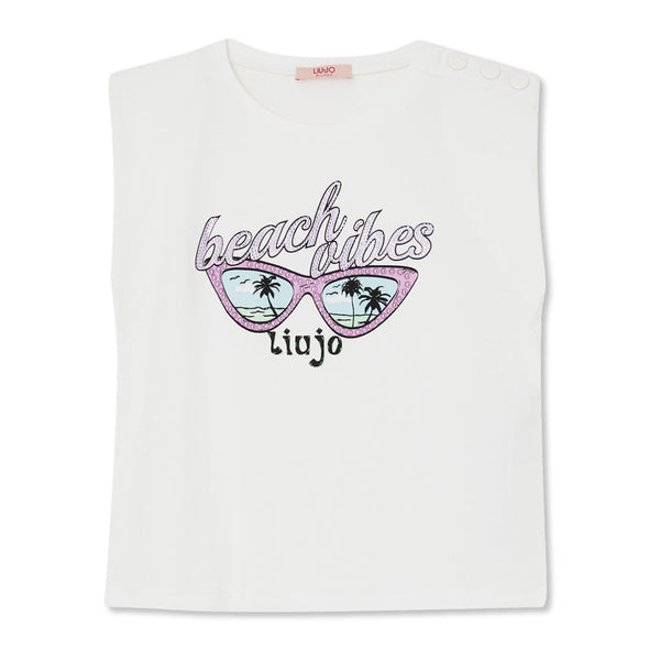 Girls White Shoulder Button T-Shirt