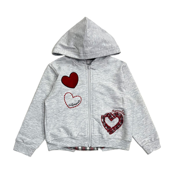 Girls Grey Heart-Motif Zip-Up Hoodie