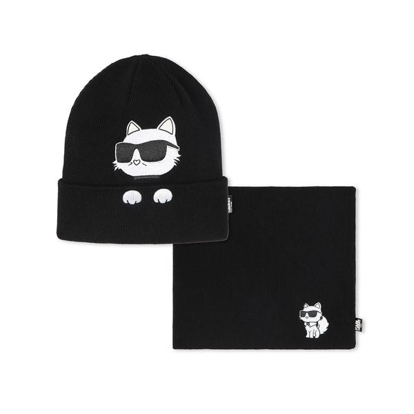 Girls Black Cotton Choupette Hat & Snood Set