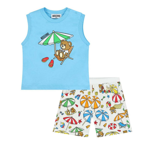 Baby Unisex Blue & White Teddy Bear Shorts Set