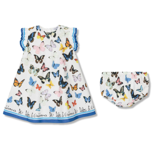 Baby Girls White & Blue Butterfly Print Dress