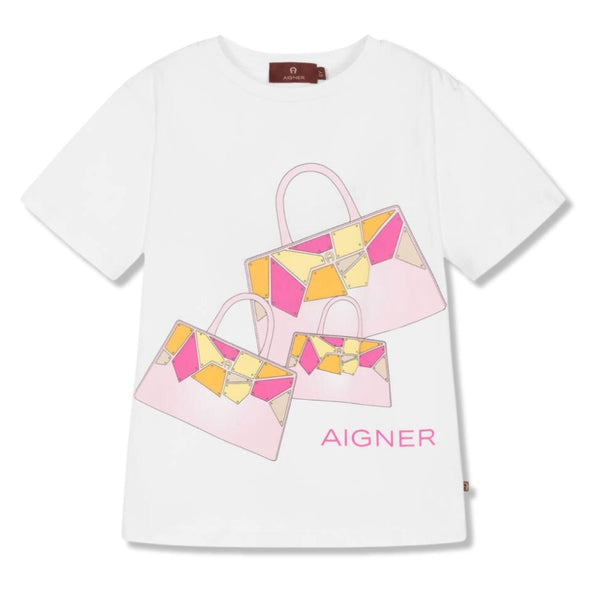 Girls White Cotton Handbag-Print T-Shirt