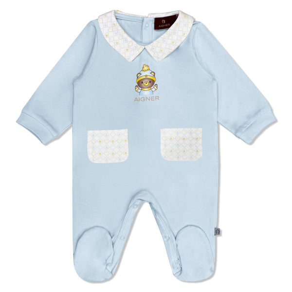 Baby Boys Blue Logo Romper With 2 Pockets