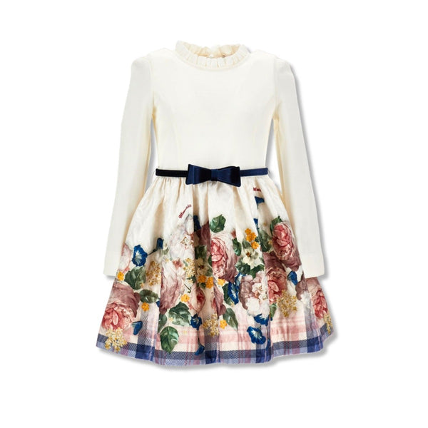 Girls Ivory Brocade Dress With Baroque Rose Pattern