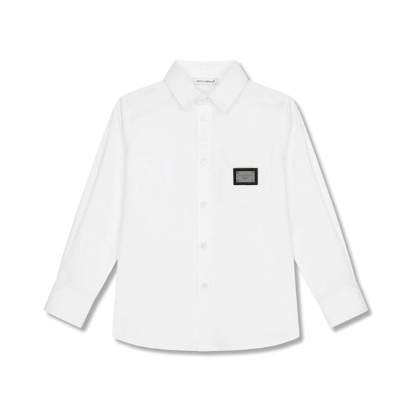 Boys White Stretch Poplin Shirt With Logo Tag