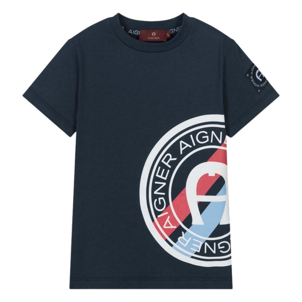 Boys Navy Blue Logo-Print Cotton T-Shirt