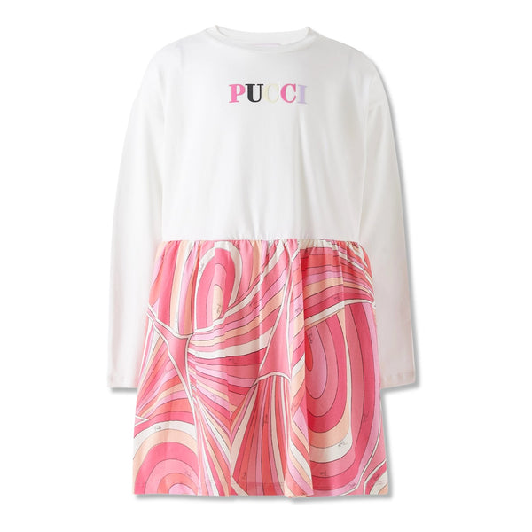 Girls White Logo-Patch Abstract-Print Dress
