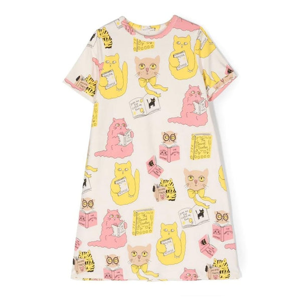 Girls Ivory Cotton Cats & Books Print Dress
