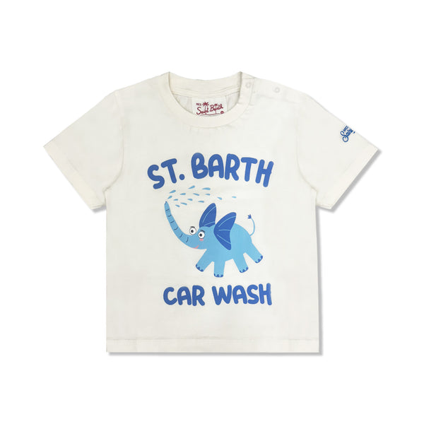 Boys Ivory Elephant Print Cotton T-Shirt