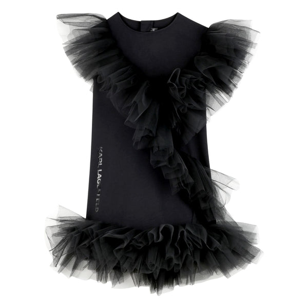 Girls Black Ruffled Logo-Print Dress