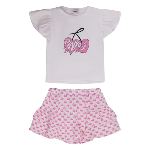Girls White & Pink Logo-Print Skirt Set