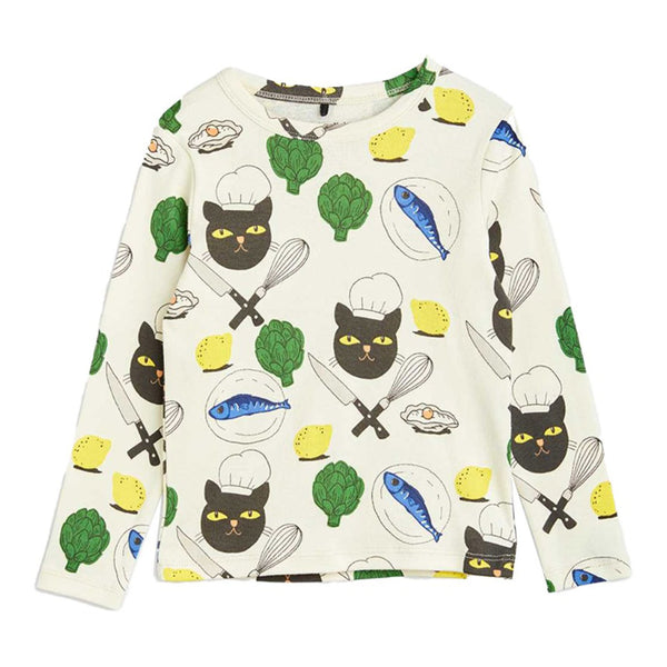 Girls White Chef Cat Print Full Sleeves T-Shirt