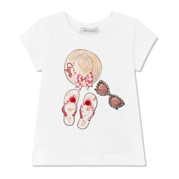 Girls White Graphic Print Cotton T-Shirt