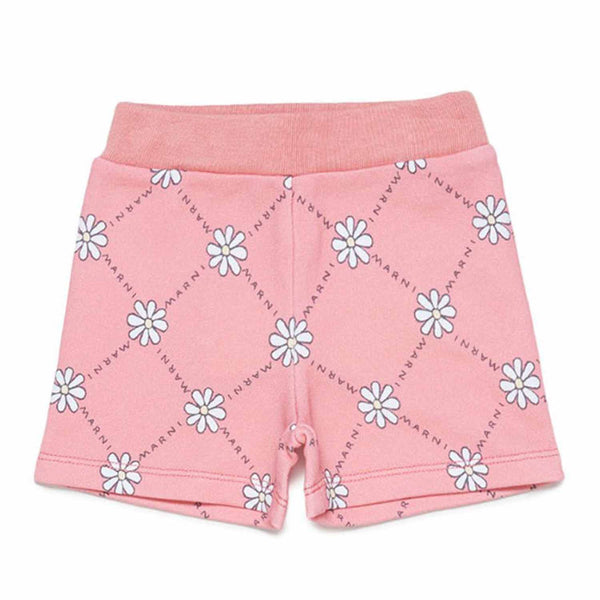 Girls Peach Pink Cotton Shorts With Daisy Pattern