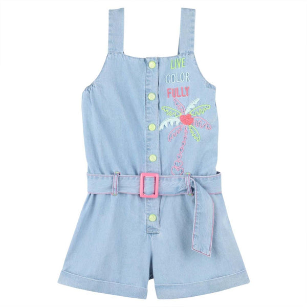 Girls Denim Blue Belted Waist Jumpsuit