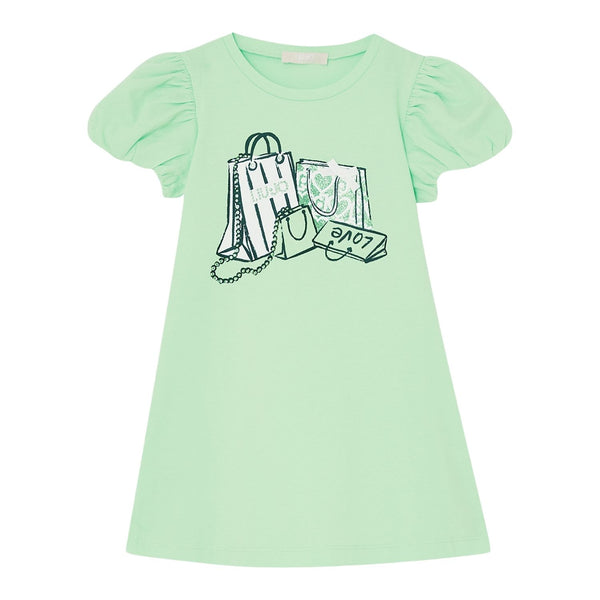 Girls Green Rhinestones Bag-Logo Dress