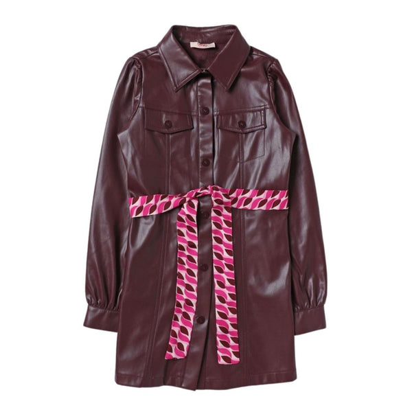 Girls Brown Faux Leather Dress With Belt Bordeaux