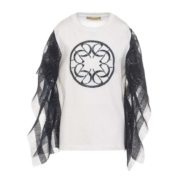 White Logo Sequin Embroidered Top with Black Frilled Sleeves