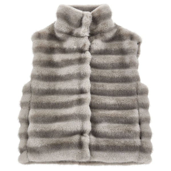 Girls Grey horizontal quilted Fur Gilet