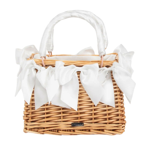 Girls White Bow Straw Handbag (22cm)
