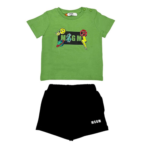Boys Green & Black Cotton Shorts Set
