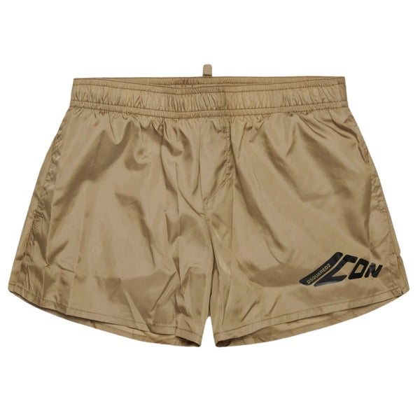 Boys Beige Icon-Logo Boxer Swimsuit