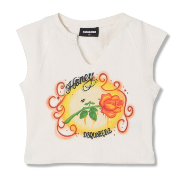 Girls White Graphic-Print Cotton T-Shirt