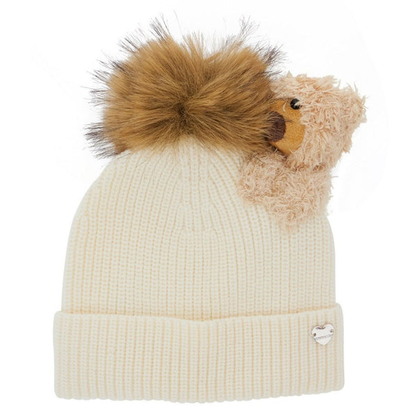 Girls Cream Teddy Knitted Beanie