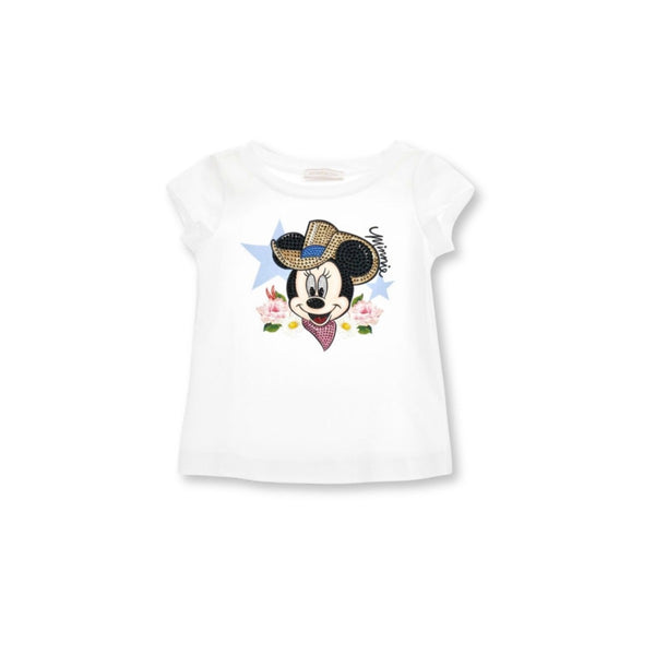Girls White Minnie Print Half Sleeves T-shirt