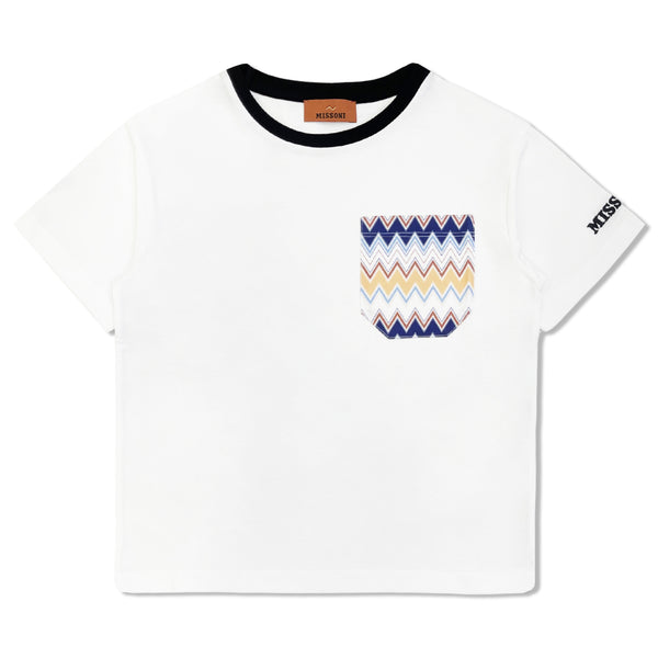 Boys White Cotton Zigzag Pocket T-Shirt
