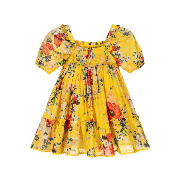 Girls Yellow Floral Shirred Cotton Dress