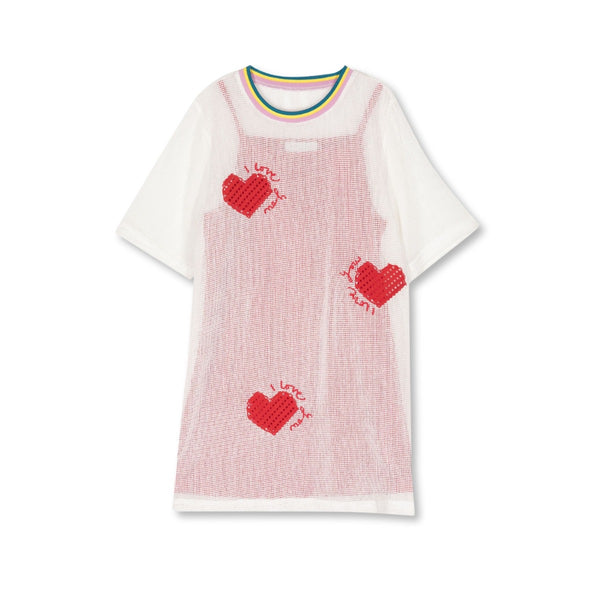 Girls White Heart-Embroidered Layered Dress