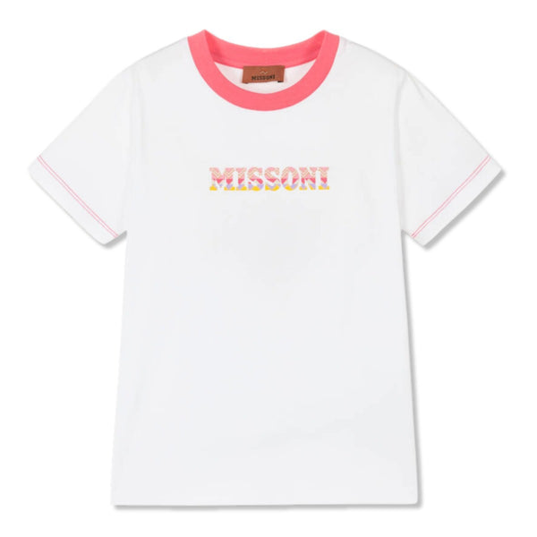 Girls White Cotton T-Shirt With Pink Neckline