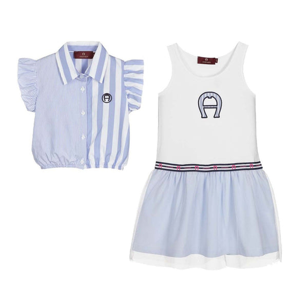 Girls Blue & White Dress Set