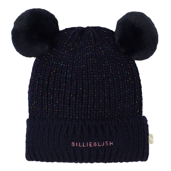 Girls Blue Logo-Print Double Pom-Pom Beanie