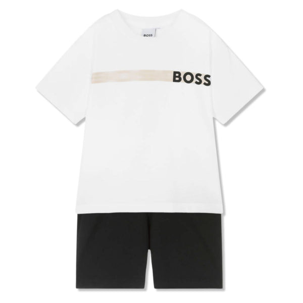 Boys White & Black Cotton Shorts Set