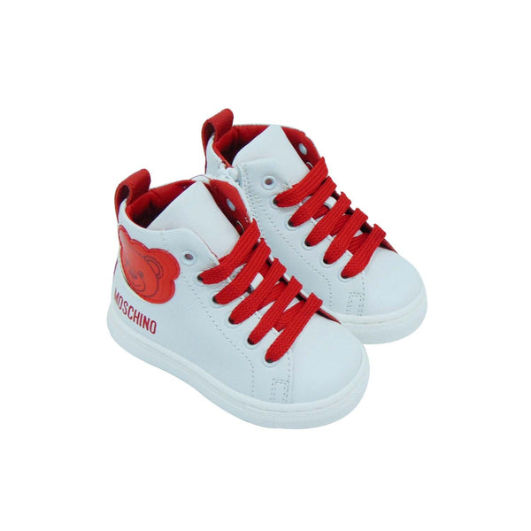 White High-Top Sneakers With Red Logo Detailing