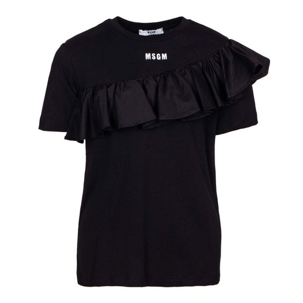 Girls Black Cotton Ruffle T-Shirt