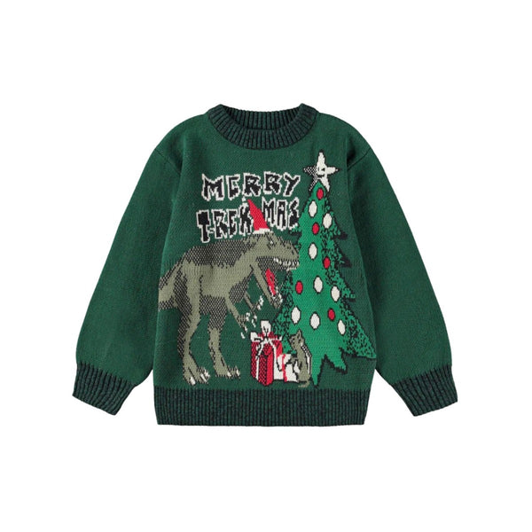 Boys Green Christmas & Dinosaur Printed Sweatshirt