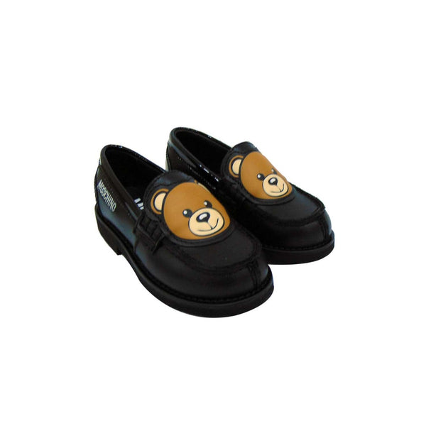 Boys Black Teddy Bear Motif Slip On Loafers