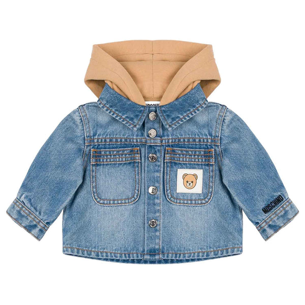 Baby Boys Denim Blue Teddy-Patch Hooded Jacket