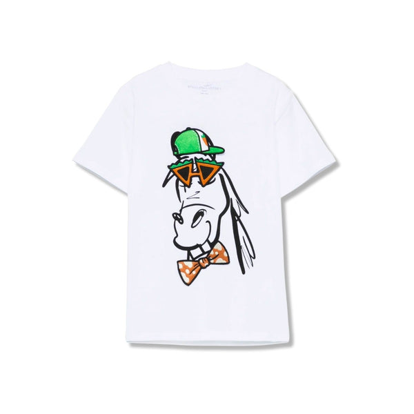 Boys White Funny Hourse Patch-Details T-Shirt