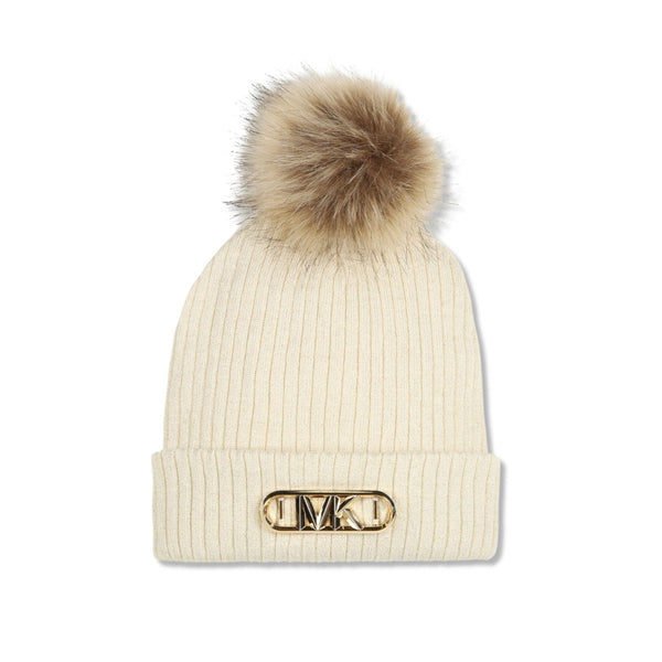 Girls Cream Logo-Plaque Pompom Beanie