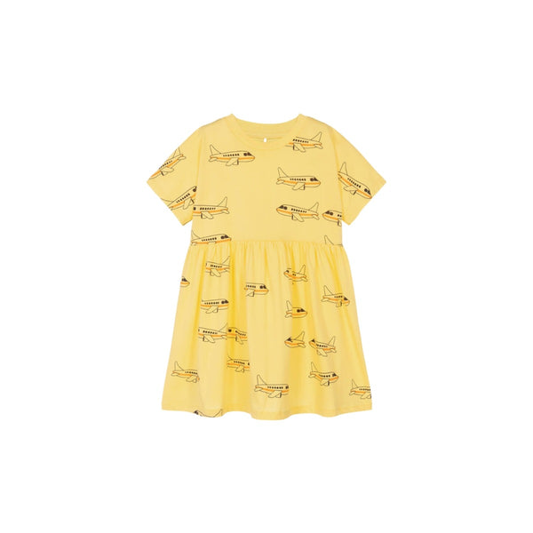Girls Yellow Airplane Flared Cotton Dress