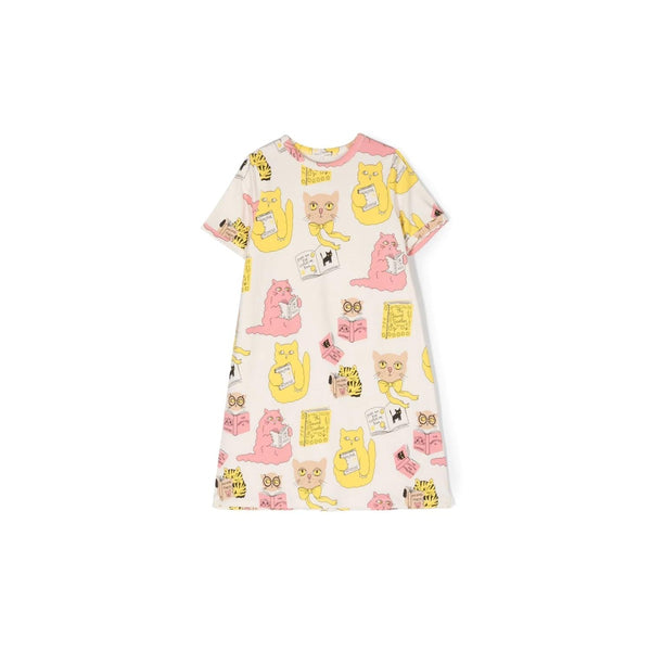Girls Ivory Cotton Cats & Books Print Dress